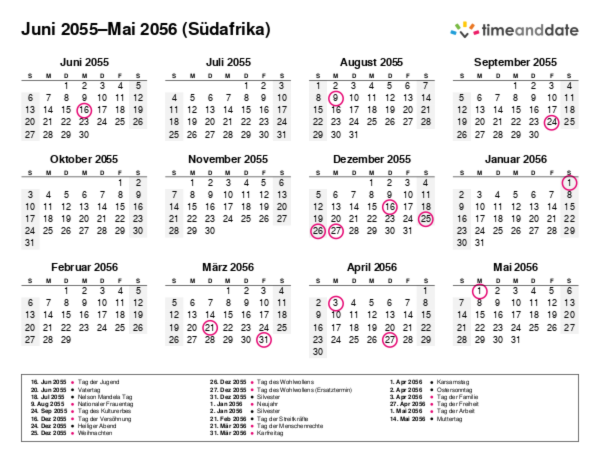 Kalender für 2055 in Südafrika