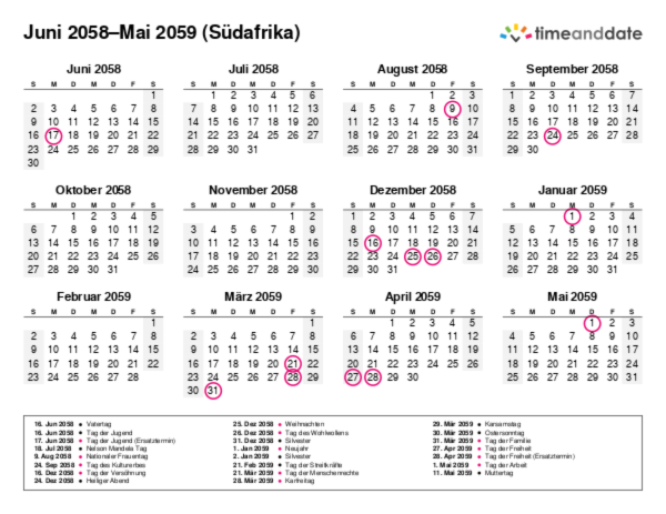 Kalender für 2058 in Südafrika