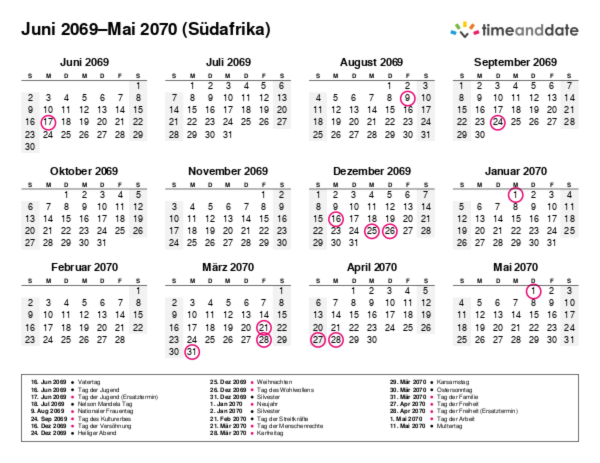 Kalender für 2069 in Südafrika