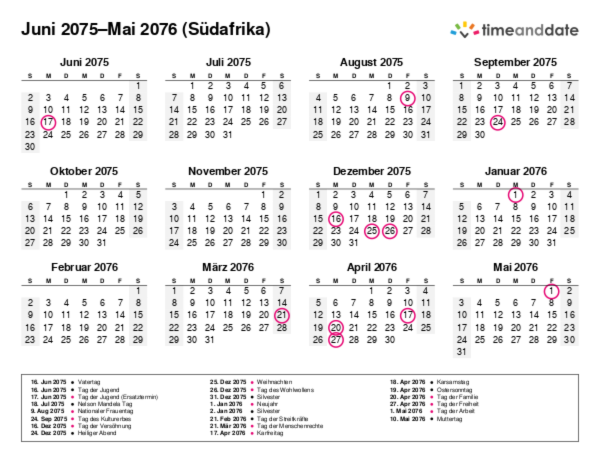 Kalender für 2075 in Südafrika