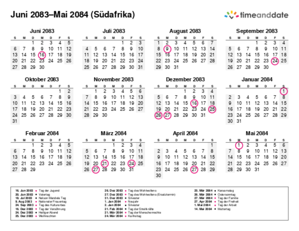 Kalender für 2083 in Südafrika