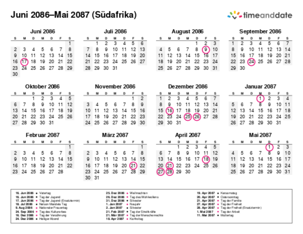 Kalender für 2086 in Südafrika