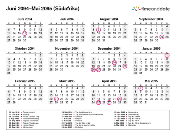 Kalender für 2094 in Südafrika