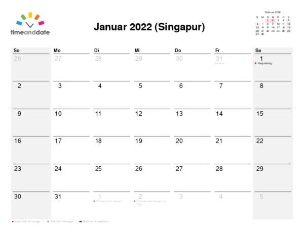 Kalender für 2022 in Singapur