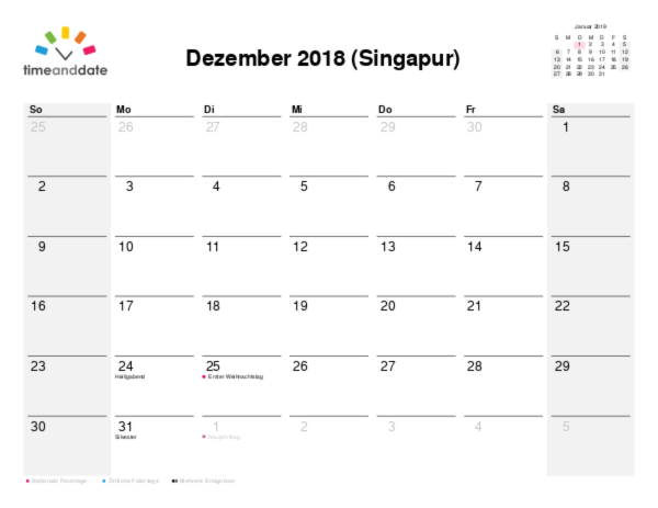 Kalender für 2018 in Singapur