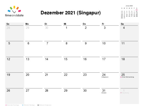 Kalender für 2021 in Singapur