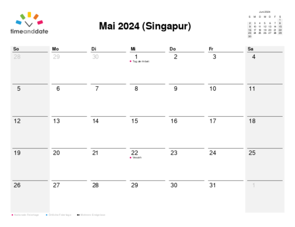 Kalender für 2024 in Singapur
