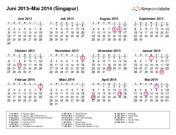 Kalender für 2013 in Singapur