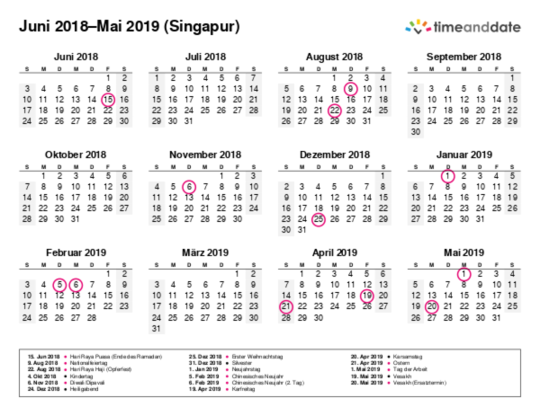 Kalender für 2018 in Singapur
