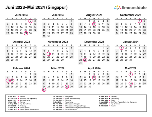 Kalender für 2023 in Singapur