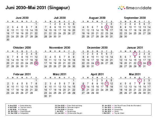 Kalender für 2030 in Singapur