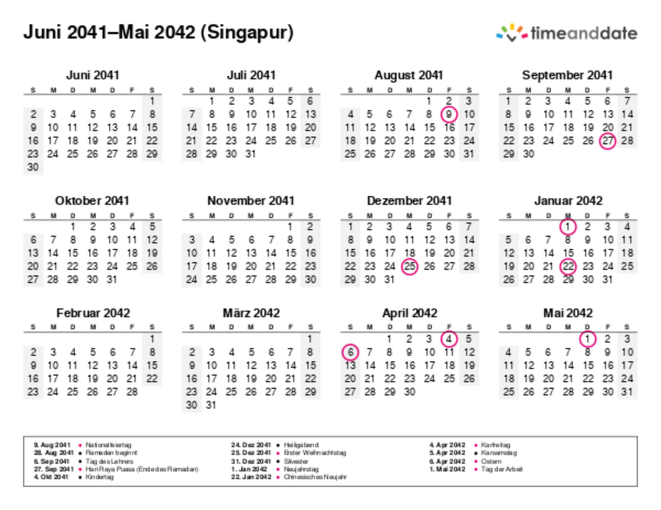 Kalender für 2041 in Singapur