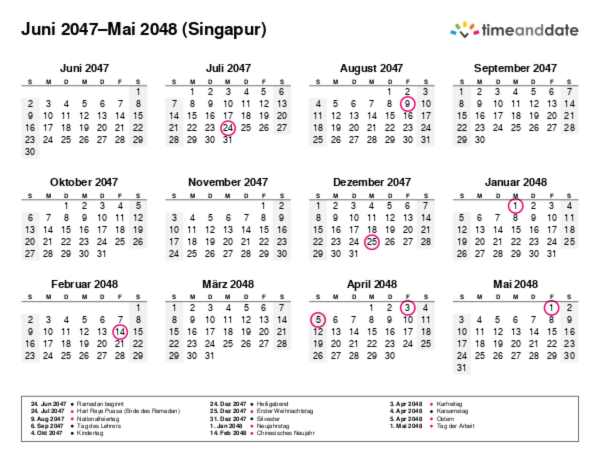 Kalender für 2047 in Singapur