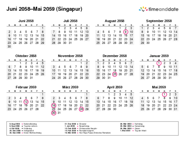 Kalender für 2058 in Singapur