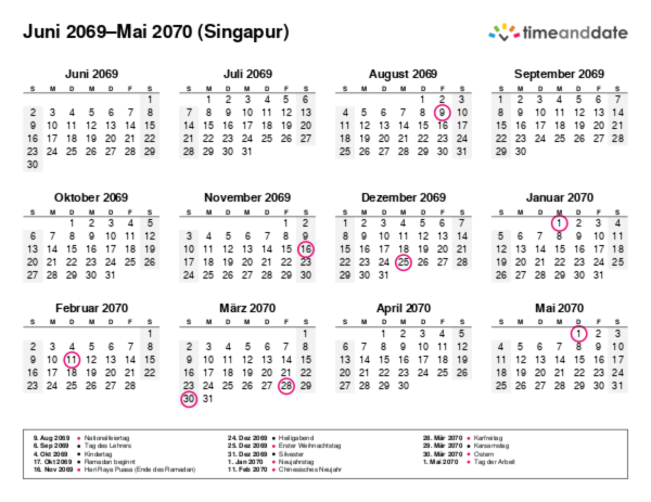 Kalender für 2069 in Singapur