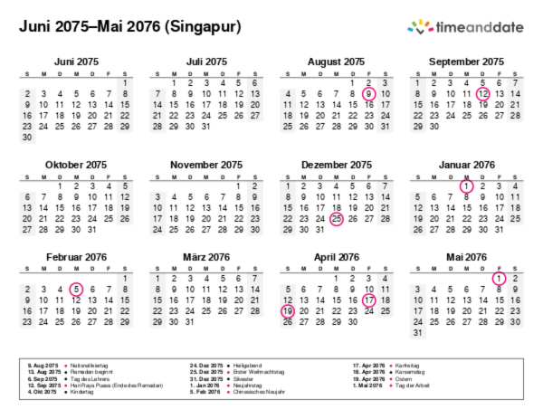 Kalender für 2075 in Singapur