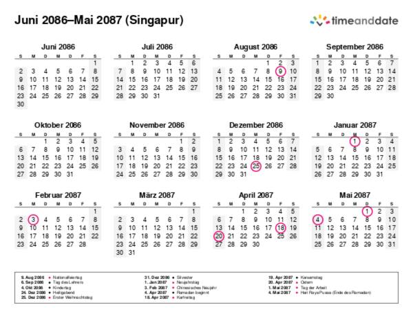 Kalender für 2086 in Singapur