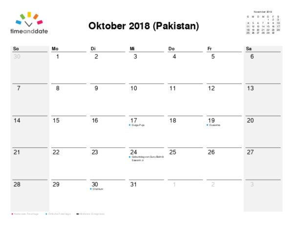 Kalender für 2018 in Pakistan