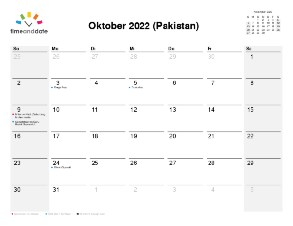 Kalender für 2022 in Pakistan