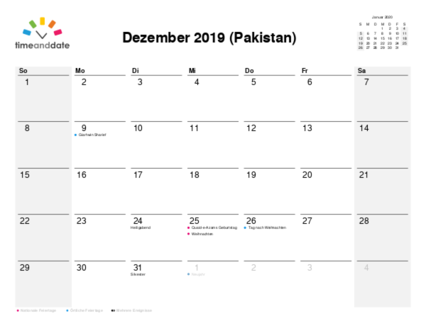 Kalender für 2019 in Pakistan