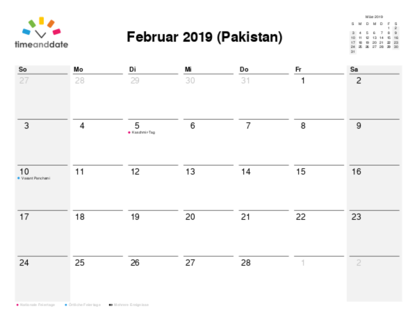 Kalender für 2019 in Pakistan