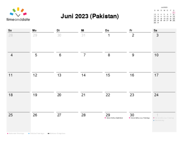Kalender für 2023 in Pakistan