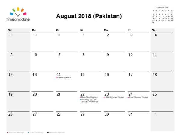 Kalender für 2018 in Pakistan