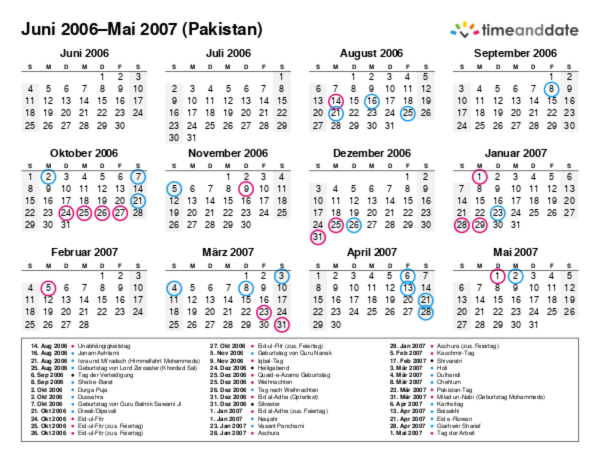 Kalender für 2006 in Pakistan