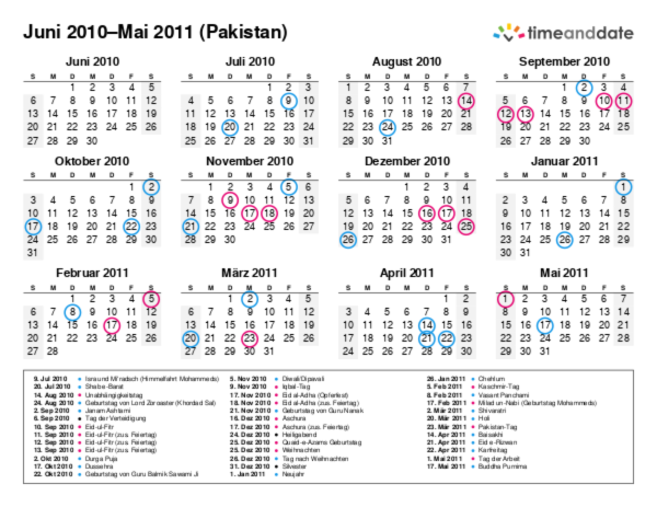 Kalender für 2010 in Pakistan