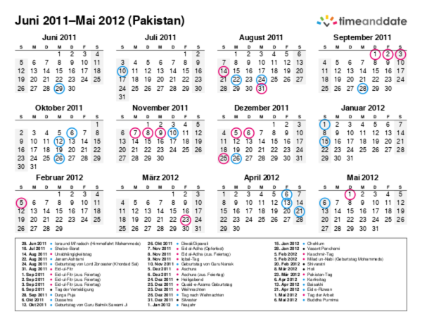 Kalender für 2011 in Pakistan