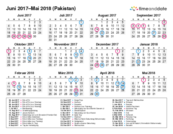 Kalender für 2017 in Pakistan