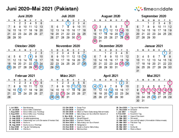 Kalender für 2020 in Pakistan