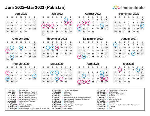 Kalender für 2022 in Pakistan