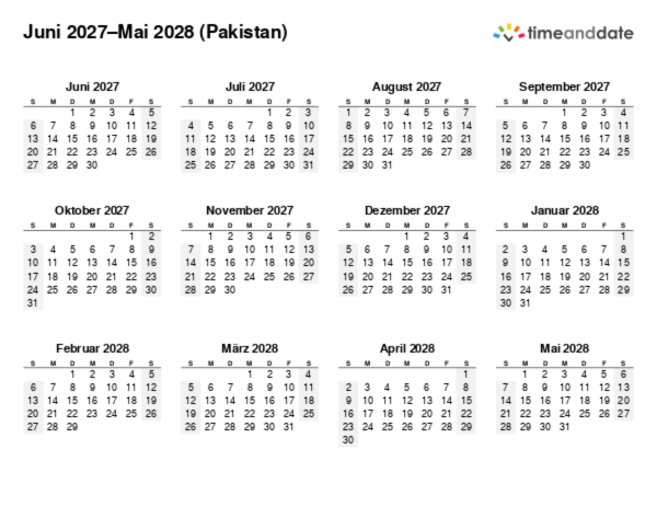 Kalender für 2027 in Pakistan