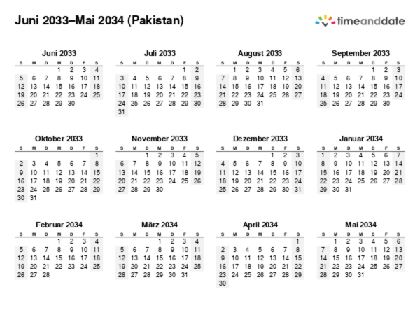 Kalender für 2033 in Pakistan