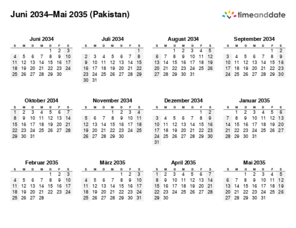 Kalender für 2034 in Pakistan