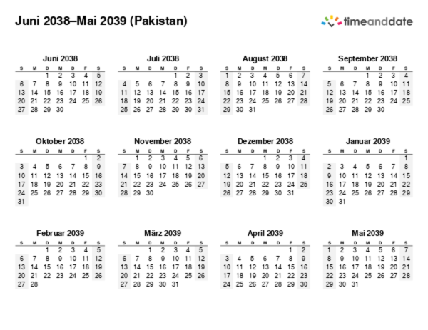 Kalender für 2038 in Pakistan