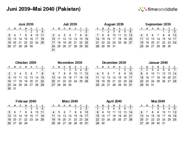 Kalender für 2039 in Pakistan