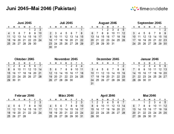 Kalender für 2045 in Pakistan
