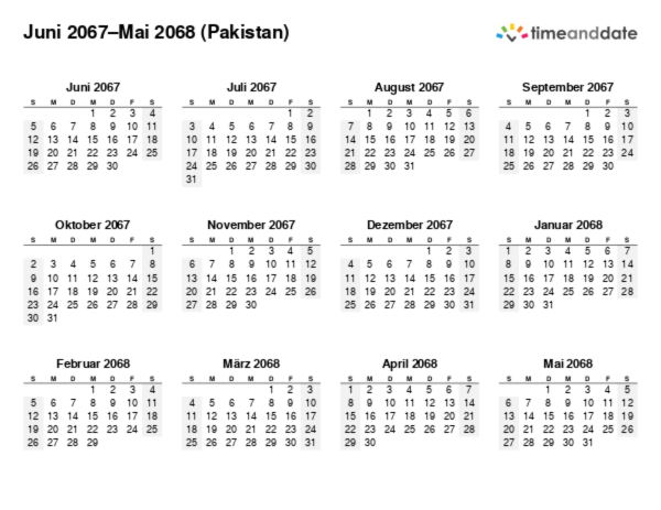 Kalender für 2067 in Pakistan