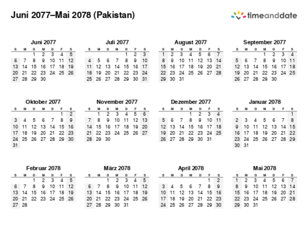 Kalender für 2077 in Pakistan