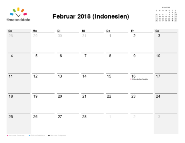 Kalender für 2018 in Indonesien