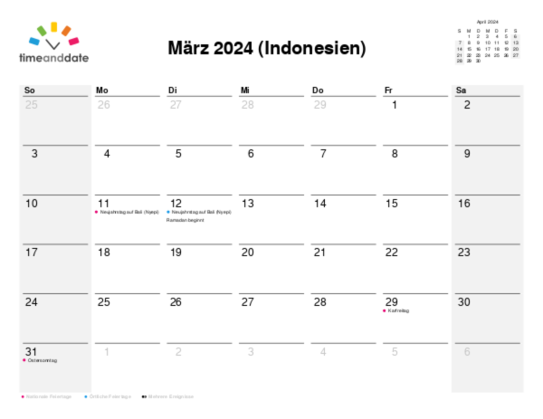 Kalender für 2024 in Indonesien