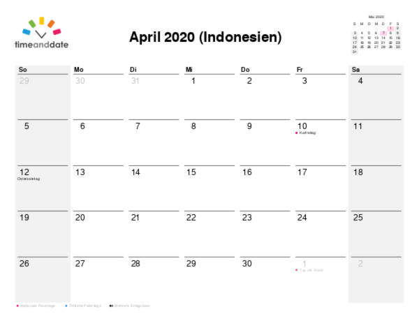 Kalender für 2020 in Indonesien