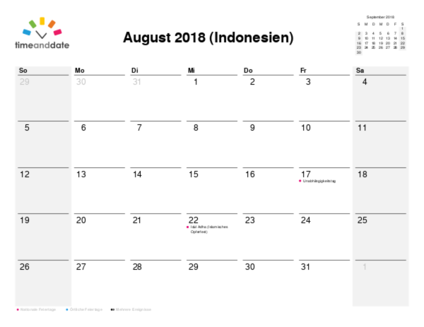 Kalender für 2018 in Indonesien