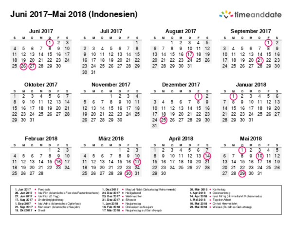 Kalender für 2017 in Indonesien
