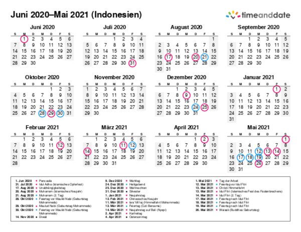 Kalender für 2020 in Indonesien