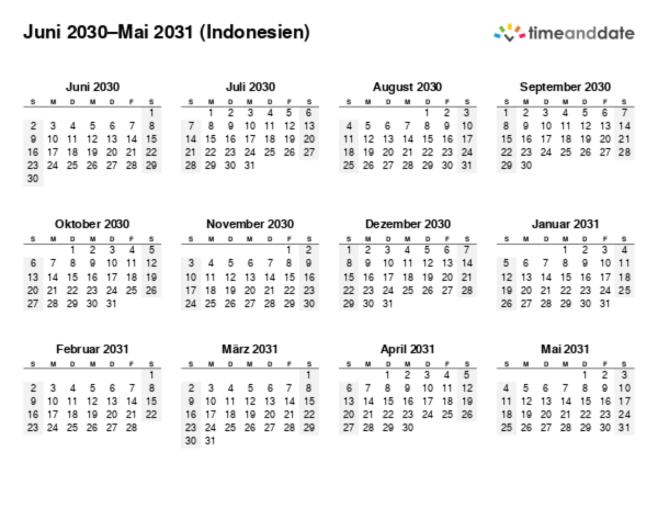 Kalender für 2030 in Indonesien