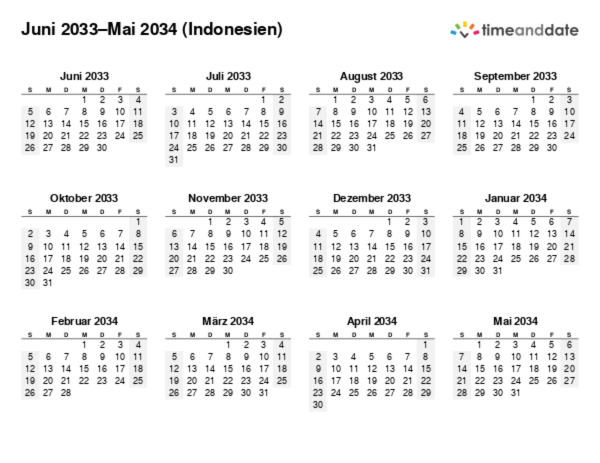 Kalender für 2033 in Indonesien