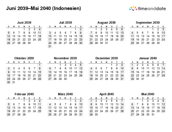 Kalender für 2039 in Indonesien